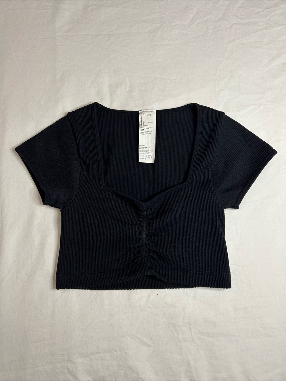 Black Ribbed Ruched Front Square-Neck Crop Top
